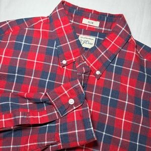 J Crew Shirt Mens Large Slim Red Blue Plaid Long Sleeve Button Up Casual Cotton